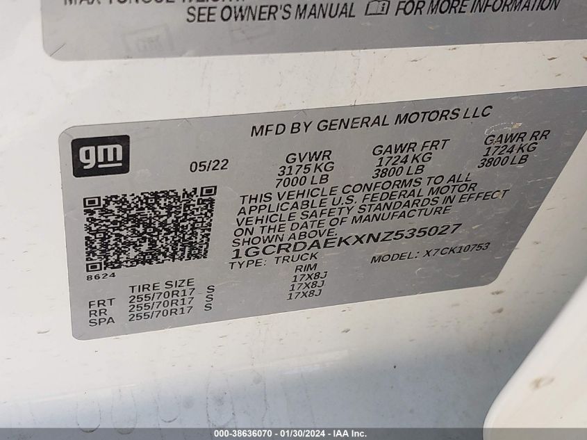 2022 CHEVROLET SILVERADO 1500 4WD DOUBLE CAB STANDARD BED WT - 1GCRDAEKXNZ535027