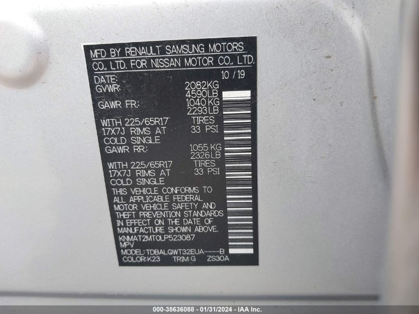 2020 NISSAN ROGUE SV FWD - KNMAT2MT0LP523087