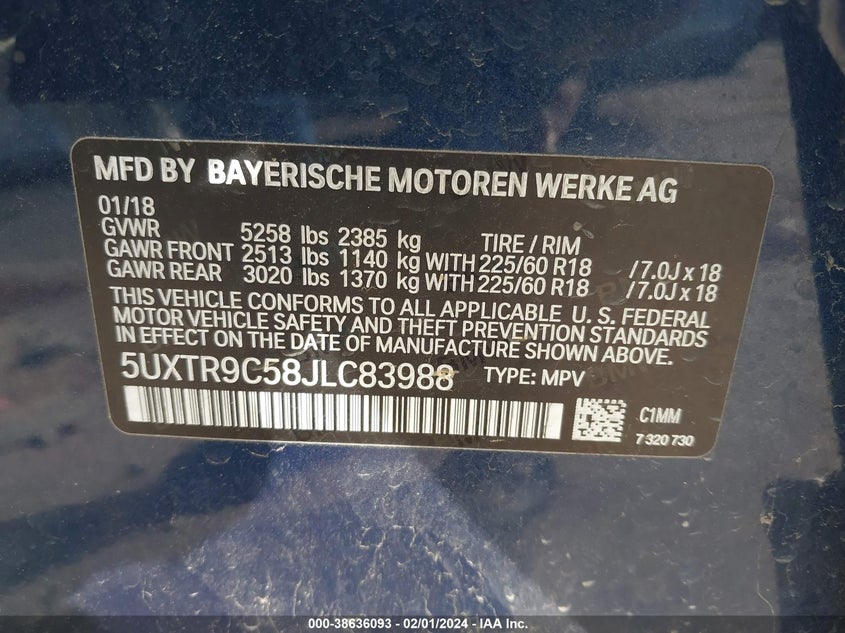 VIN 5UXTR9C58JLC83988 2018 BMW X3 XDRIVE30I