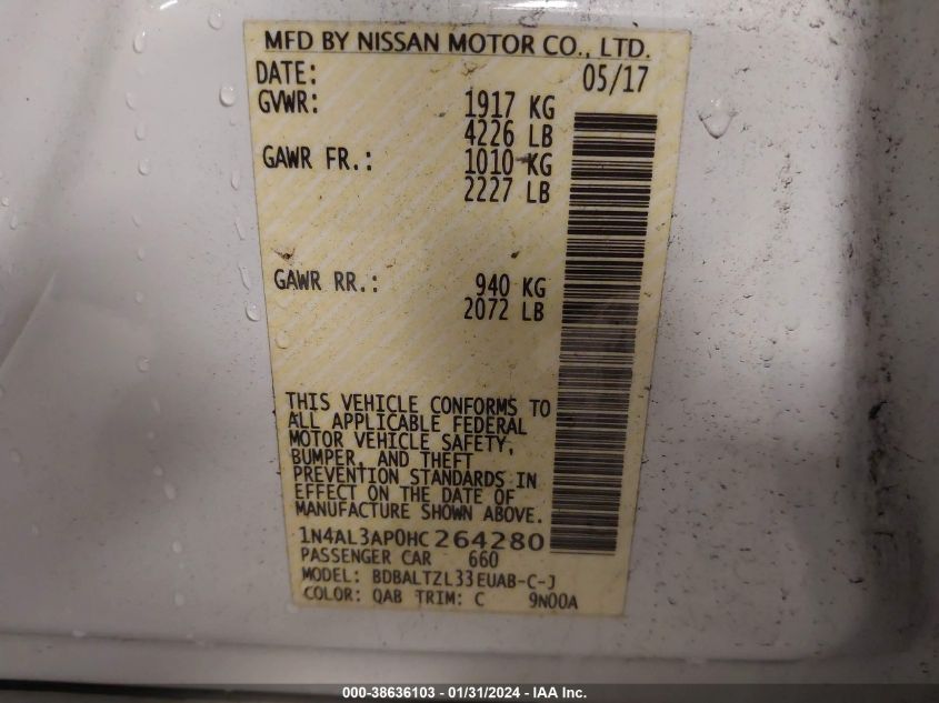 2017 NISSAN ALTIMA 2.5 SL - 1N4AL3AP0HC264280
