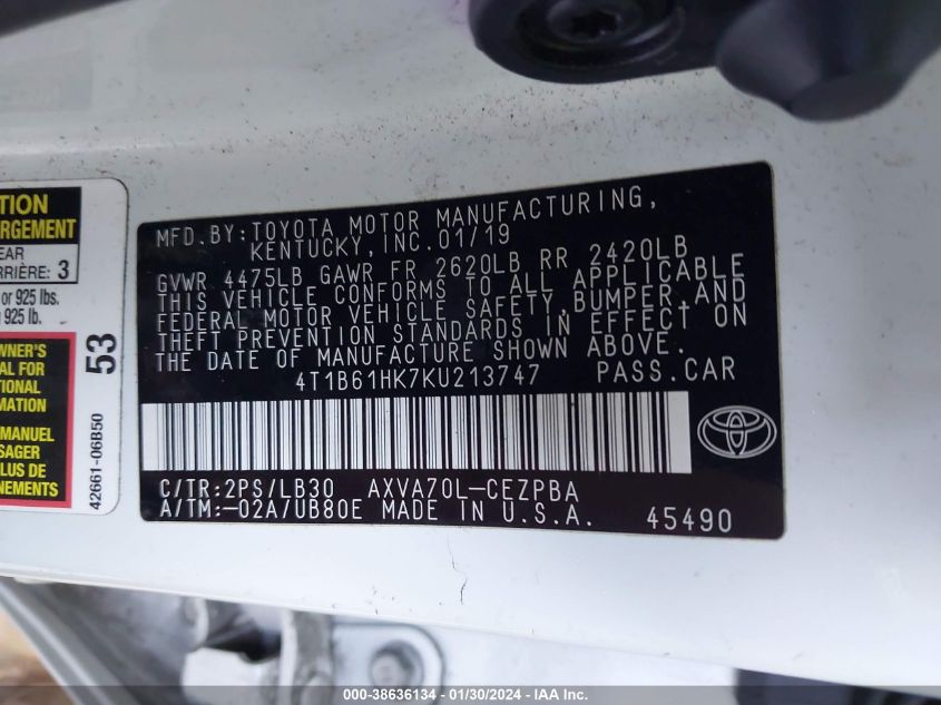2019 TOYOTA CAMRY XSE - 4T1B61HK7KU213747
