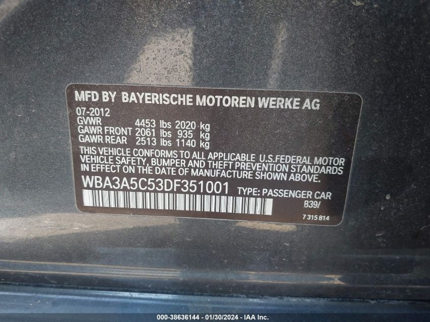 2013 BMW 328I - WBA3A5C53DF351001