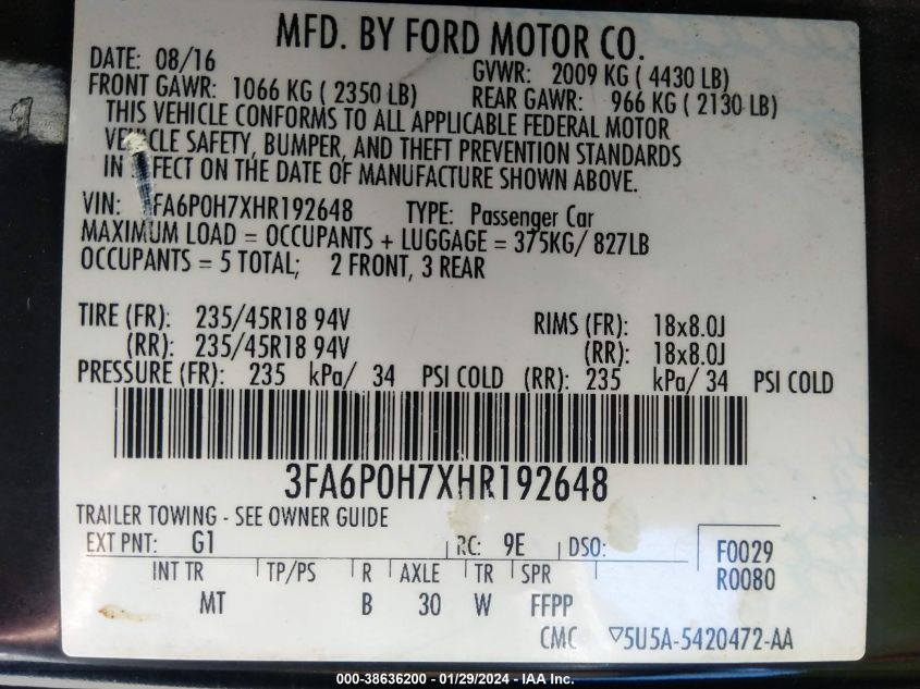 2017 FORD FUSION SE - 3FA6P0H7XHR192648