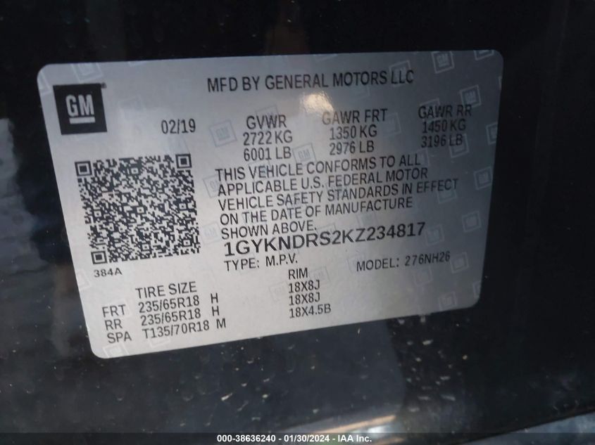 2019 CADILLAC XT5 LUXURY - 1GYKNDRS2KZ234817