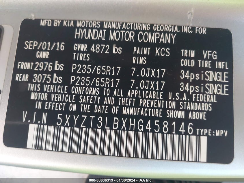 VIN 5XYZT3LBXHG458146 2017 HYUNDAI SANTA FE SPORT 2.4L