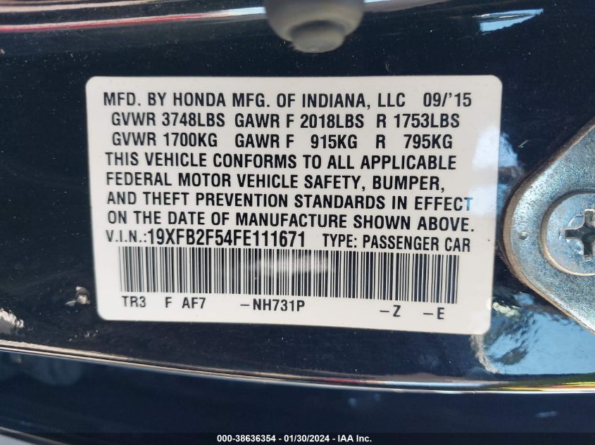 2015 HONDA CIVIC LX - 19XFB2F54FE111671