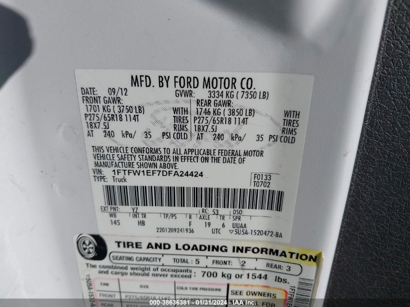 2013 FORD F-150 LARIAT - 1FTFW1EF7DFA24424