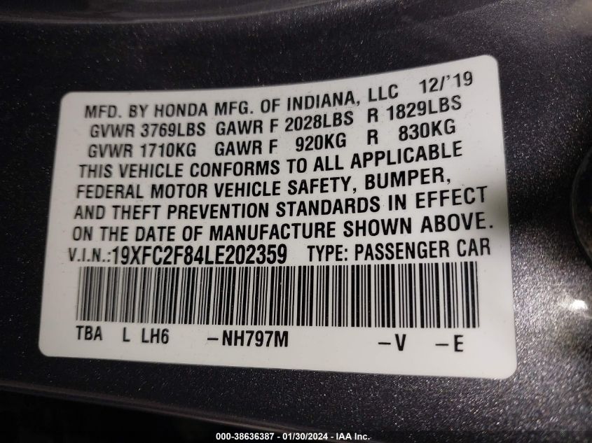 2020 HONDA CIVIC SPORT - 19XFC2F84LE202359