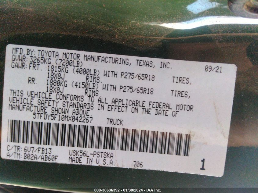 2021 TOYOTA TUNDRA SR5 - 5TFDY5F10MX042267