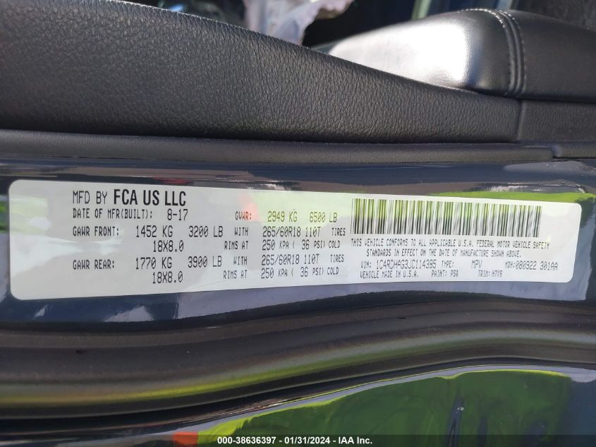 2018 DODGE DURANGO SXT - 1C4RDHAG3JC114385