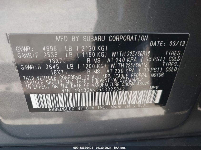 2019 SUBARU OUTBACK 2.5I LIMITED - 4S4BSANC5K3325042