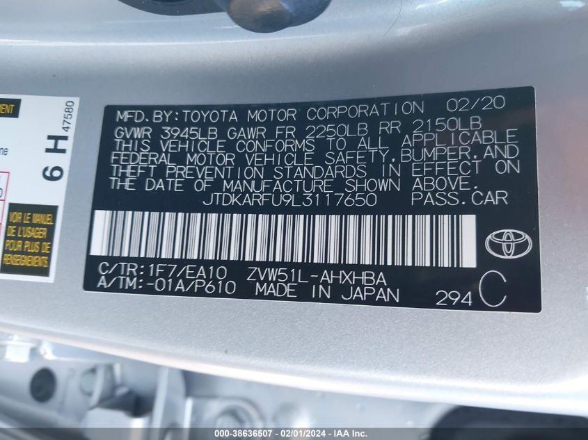 2020 TOYOTA PRIUS L/LE/XLE/LIMITED - JTDKARFU9L3117650