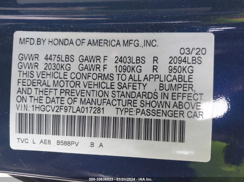 2020 HONDA ACCORD TOURING - 1HGCV2F97LA017281
