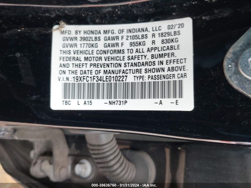 2020 HONDA CIVIC EX - 19XFC1F34LE010227