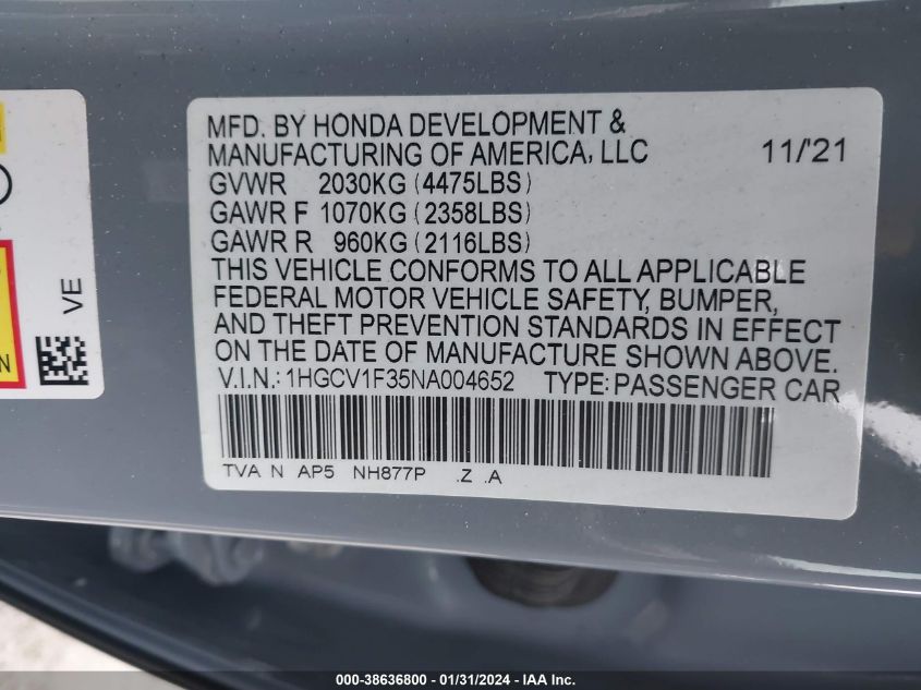 2022 HONDA ACCORD SPORT - 1HGCV1F35NA004652