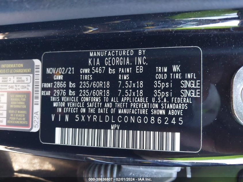 2022 KIA SORENTO X-LINE S - 5XYRLDLC0NG086245