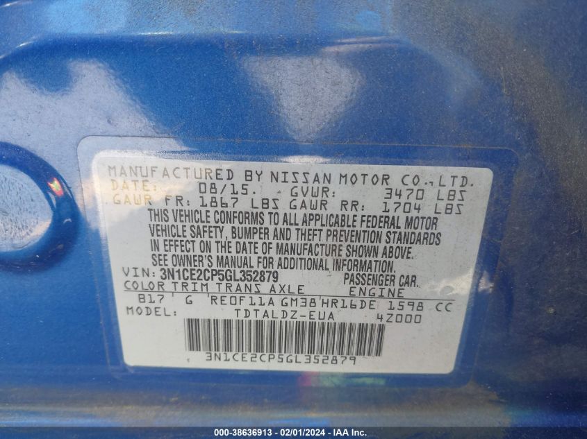 2016 NISSAN VERSA NOTE S/S PLUS/SV/SL/SR - 3N1CE2CP5GL352879