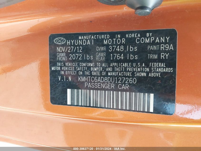 2013 HYUNDAI VELOSTER - KMHTC6AD8DU127260