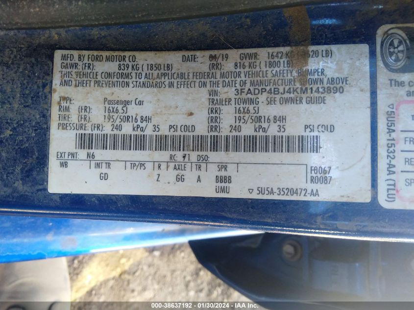 2019 FORD FIESTA SE - 3FADP4BJ4KM143890