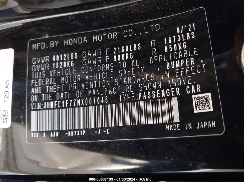 2022 HONDA CIVIC EX - JHMFE1F77NX007045