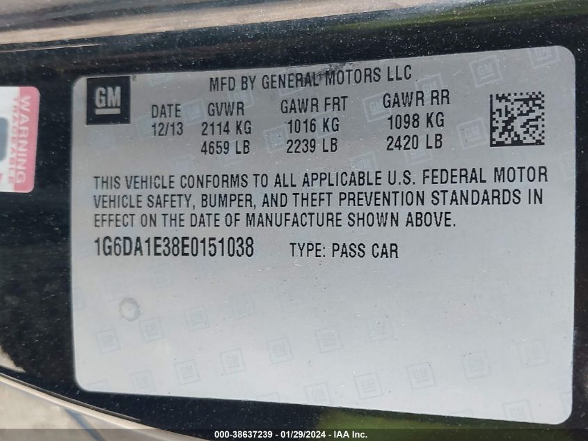 2014 CADILLAC CTS STANDARD - 1G6DA1E38E0151038