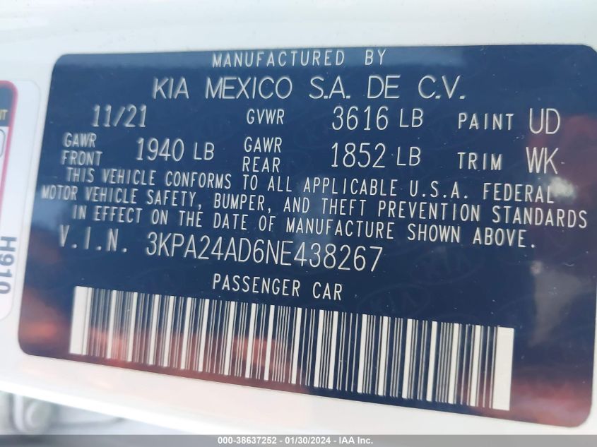 2022 KIA RIO LX/S - 3KPA24AD6NE438267