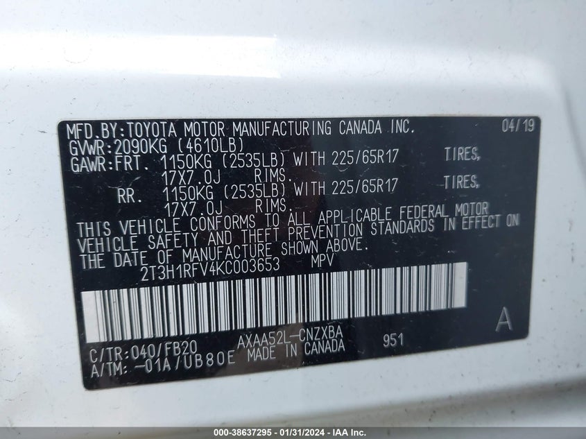 VIN 2T3H1RFV4KC003653 2019 TOYOTA RAV4 LE