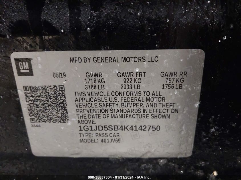 2019 CHEVROLET SONIC LT AUTO - 1G1JD5SB4K4142750