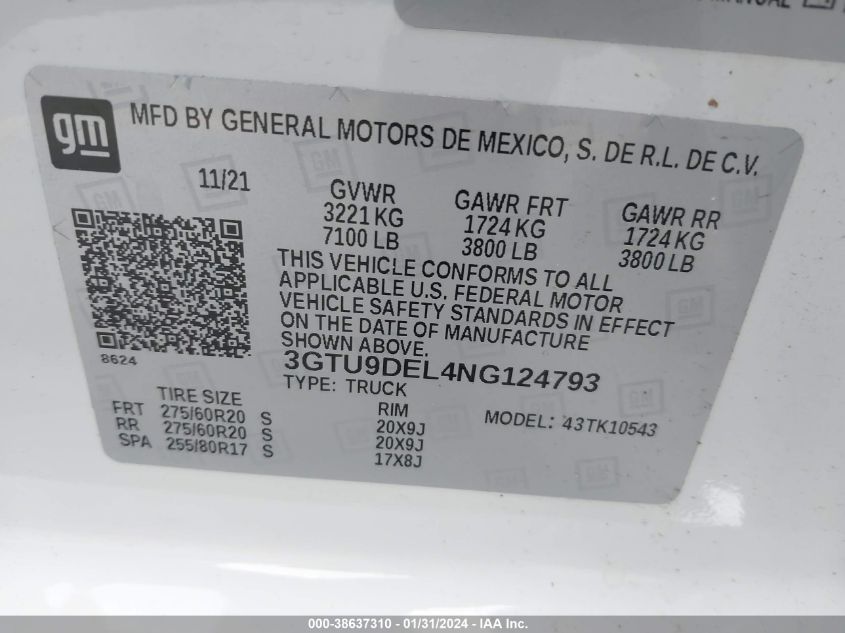 2022 GMC SIERRA 1500 LIMITED 4WD  SHORT BOX SLT 3GTU9DEL4NG124793