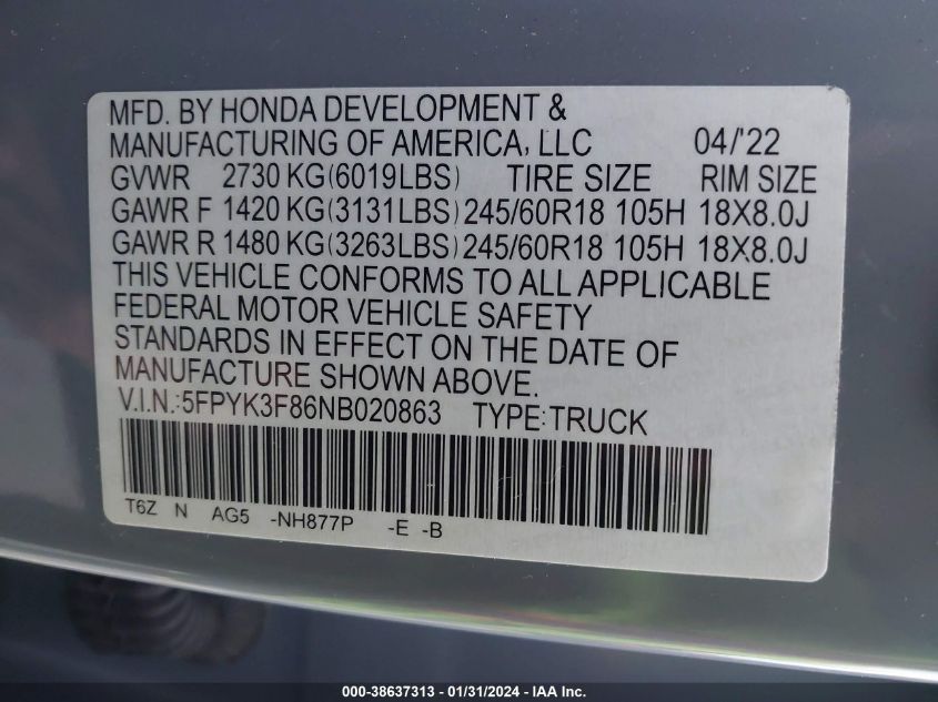 2022 HONDA RIDGELINE BLACK EDITION - 5FPYK3F86NB020863