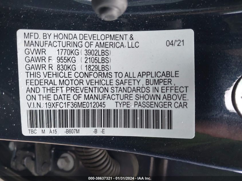 2021 HONDA CIVIC EX - 19XFC1F36ME012045