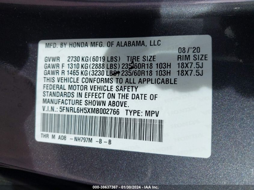 2021 HONDA ODYSSEY EX - 5FNRL6H5XMB002766