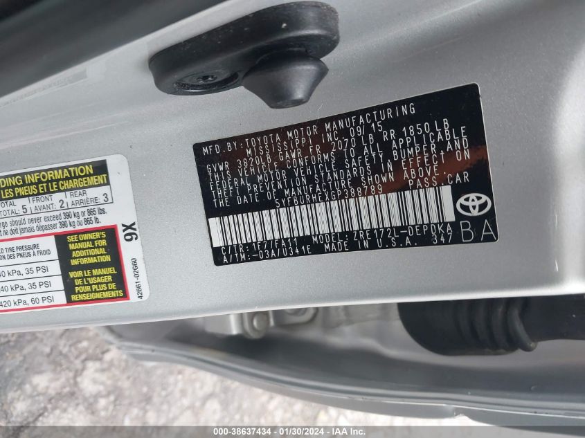 2016 TOYOTA COROLLA L/LE/LE PLS/PRM/S/S PLS - 5YFBURHEXGP388789