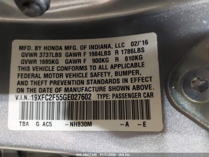 2016 HONDA CIVIC LX - 19XFC2F55GE027602