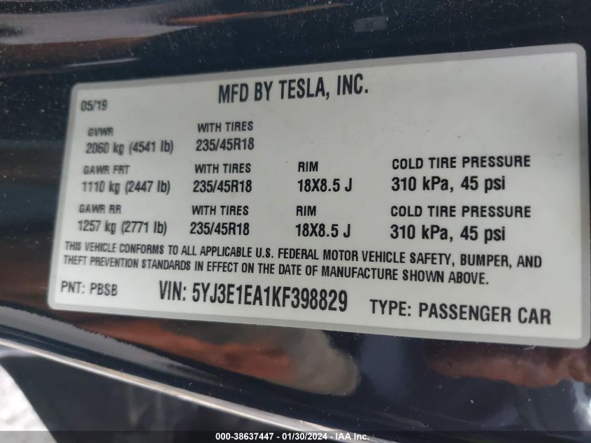 2019 TESLA MODEL 3 - 5YJ3E1EA1KF398829