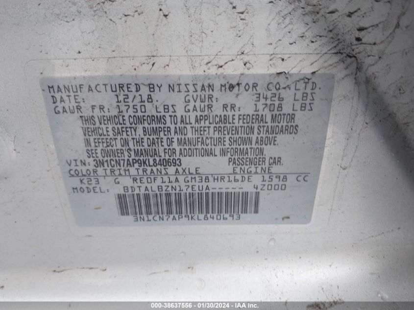 2019 NISSAN VERSA S/S PLUS/SV - 3N1CN7AP9KL840693