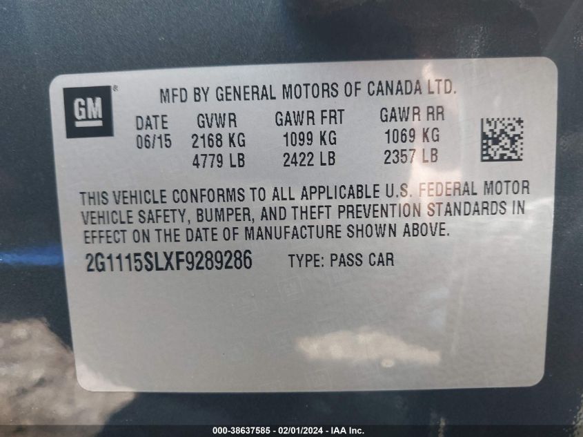 2015 CHEVROLET IMPALA LT - 1G1115SLXF9289286