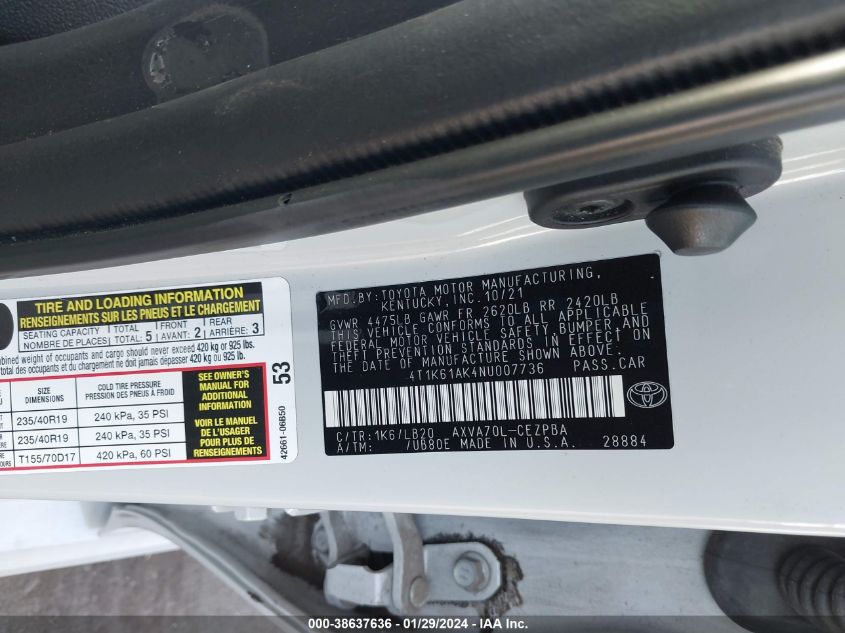 2022 TOYOTA CAMRY XSE - 4T1K61AK4NU007736