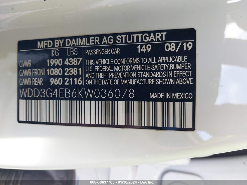 VIN WDD3G4EB6KW036078 2019 MERCEDES-BENZ A 220