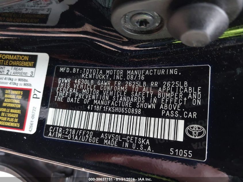 2017 TOYOTA CAMRY SE - 4T1BF1FK5HU650898