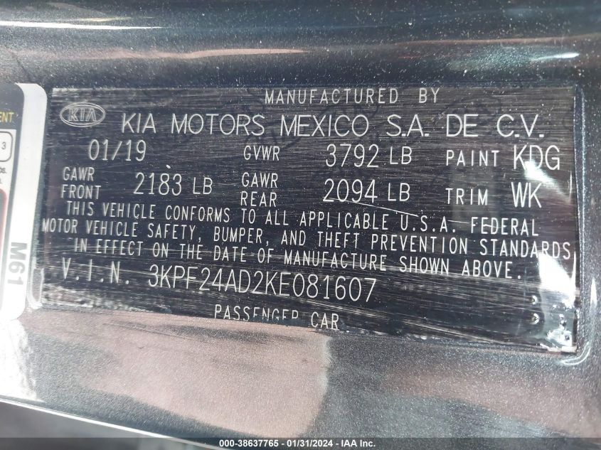 2019 KIA FORTE FE/LX/LXS - 3KPF24AD2KE081607