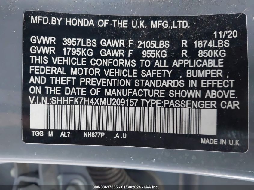 2021 HONDA CIVIC SPORT - SHHFK7H4XMU209157