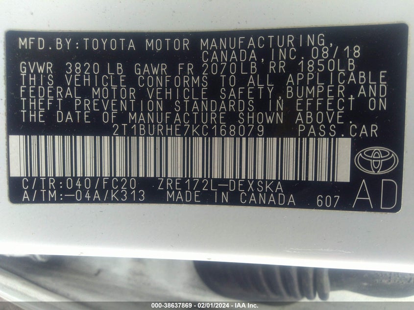 VIN 2T1BURHE7KC168079 2019 TOYOTA COROLLA L/LE/XLE/SE/XSE