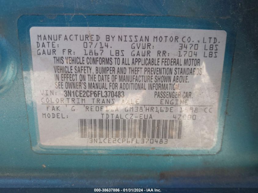 2015 NISSAN VERSA NOTE S PLUS - 3N1CE2CP6FL370483