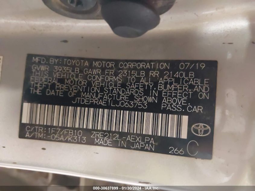 2020 TOYOTA COROLLA LE - JTDEPRAE1LJ063753