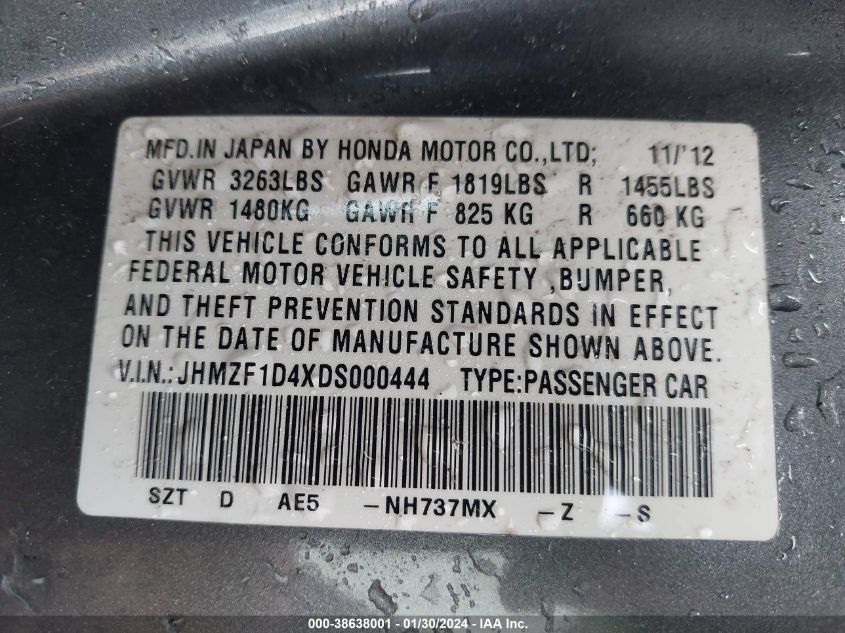 2013 HONDA CR-Z - JHMZF1D4XDS000444