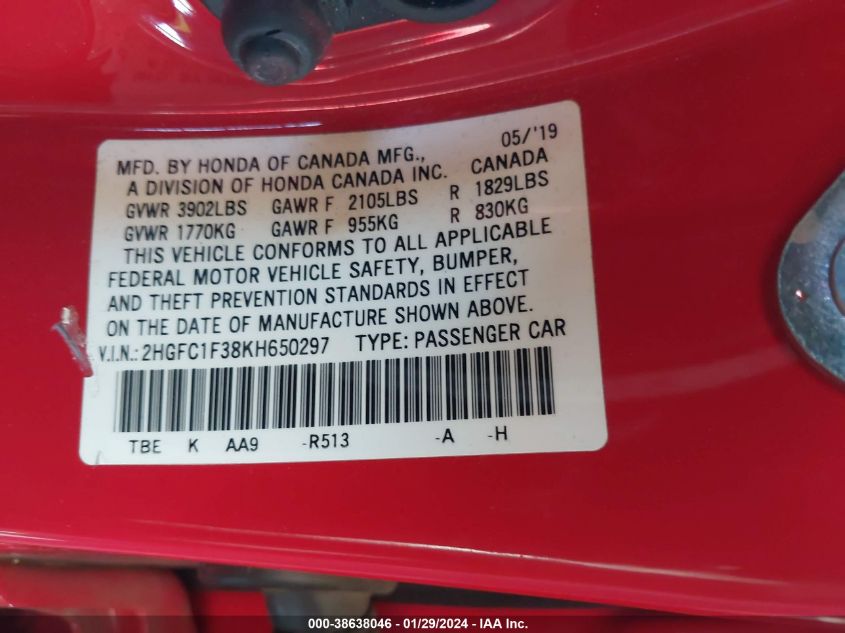 2019 HONDA CIVIC EX - 2HGFC1F38KH650297