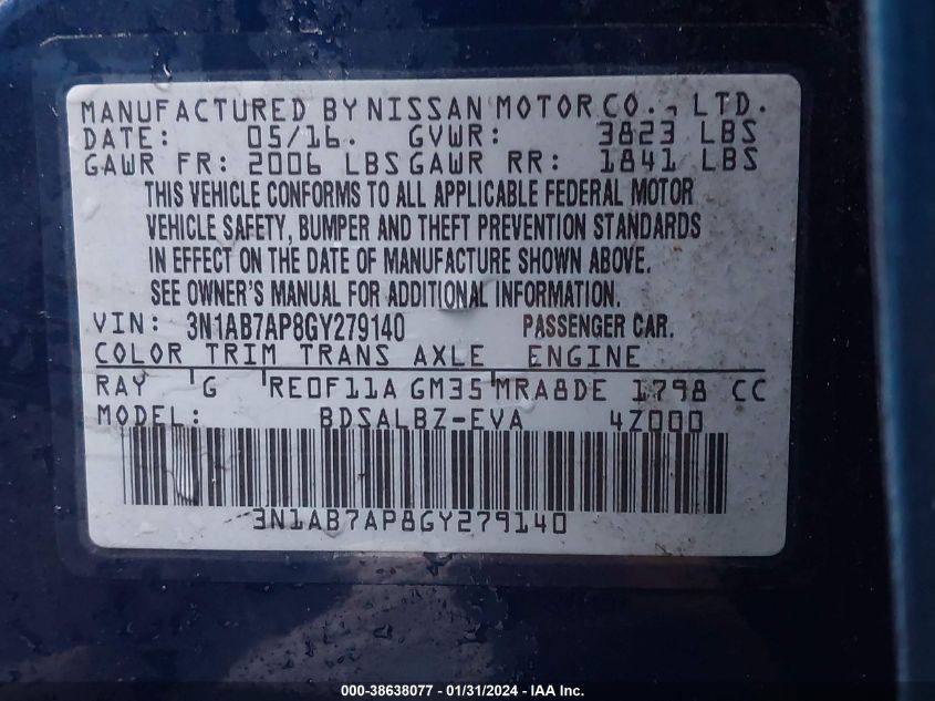 2016 NISSAN SENTRA S/SV/SR/SL - 3N1AB7AP8GY279140