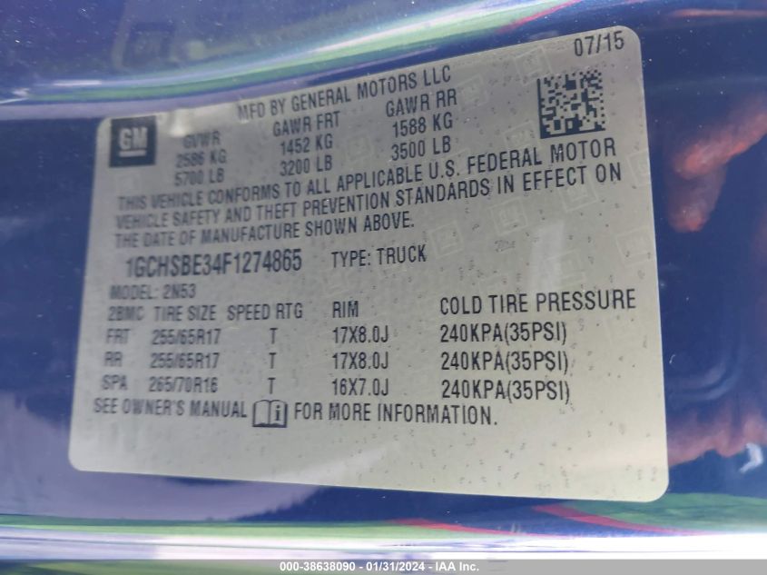 2015 CHEVROLET COLORADO LT - 1GCHSBE34F1274865