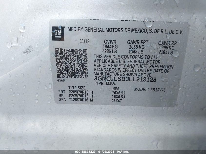 2020 CHEVROLET TRAX FWD LT - 3GNCJLSB3LL213128